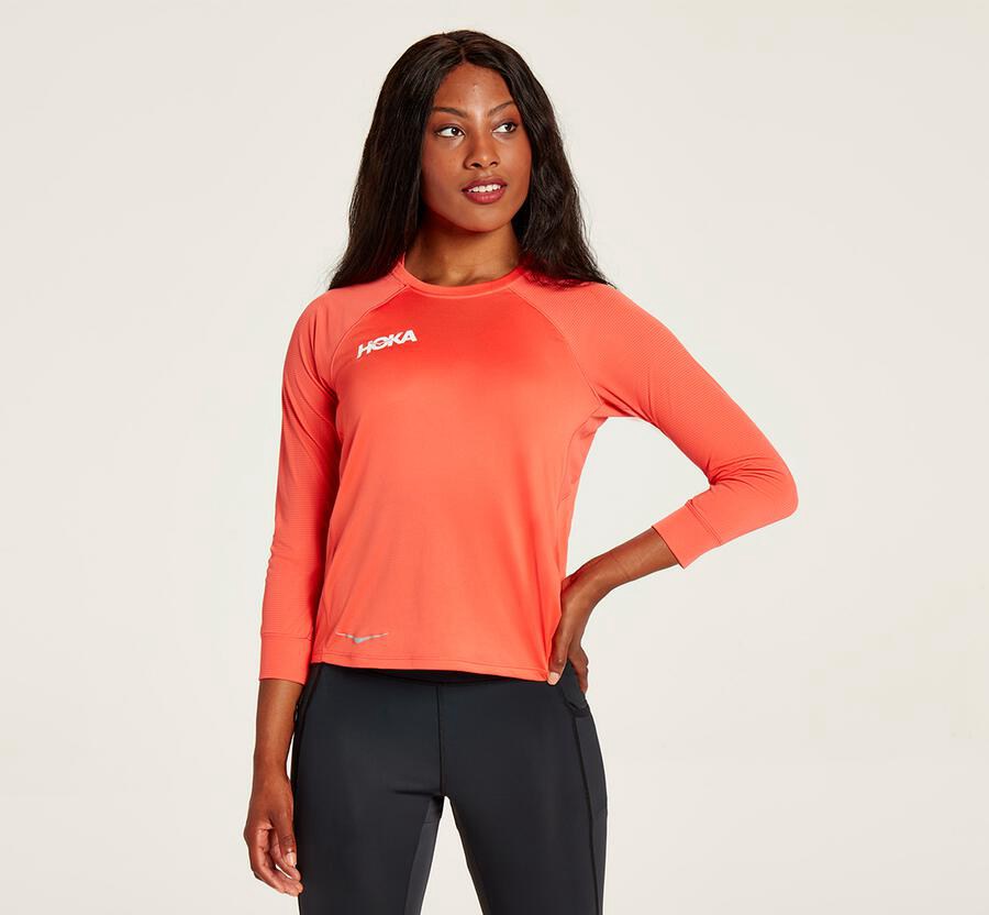 Hoka Australia One One Performance 3/4 Sleeve - Womens Tops Orange - HYFGZ-2863